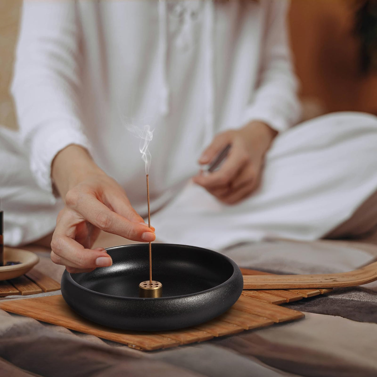 Mofunci Incense Holder for Sticks, Sage, Coil Incense, Incense Stick Holder 5.71" for Yoga Meditation Energy Cleansing, Ceramic Incense Burner Holder with 9 Holes, Ash Catcher, Smudge Bowl (Black)
