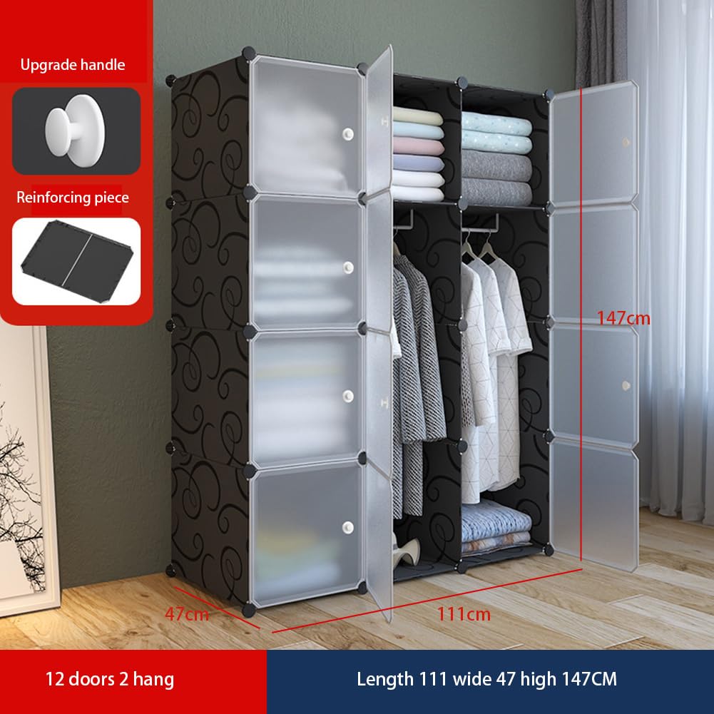 GarveeLife Wardrobe DIY Storage Cabinet for Hanging Clothes Storage for Kids with 12 Cubes 2 Hanging Rods 111 x 47 x 147 cm Black