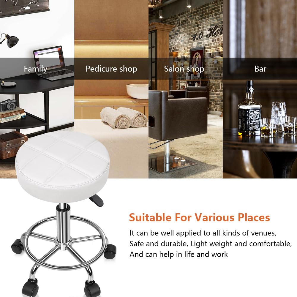 KKTONER Round Rolling Stool Chair PU Leather Height Adjustable Swivel Drafting Work SPA Shop Medical Salon Stools with Wheels Office Chair Small (White)