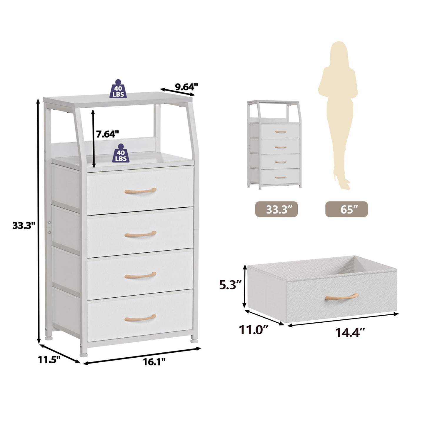 Furnulem Tall 4 Drawers Dresser, Vertical Storage Tower for Bedroom, Hallway, Entryway, Nursery, Closet Organizer, Nightstand Bedside Table Furniture, Sturdy Steel Frame, Wood Top, White