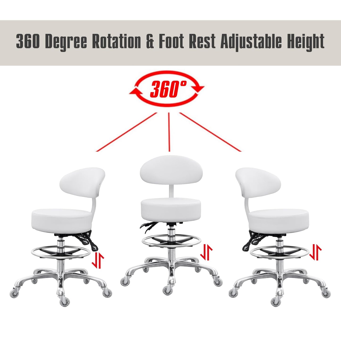 Grace&Grace Drafting Chair Big Cushion Rolling Stool with Back, Tall Shop Stool Rolling Chair with Footrest for Studio, Workshop, Classroom, Lab, Counter, Home Office (White)