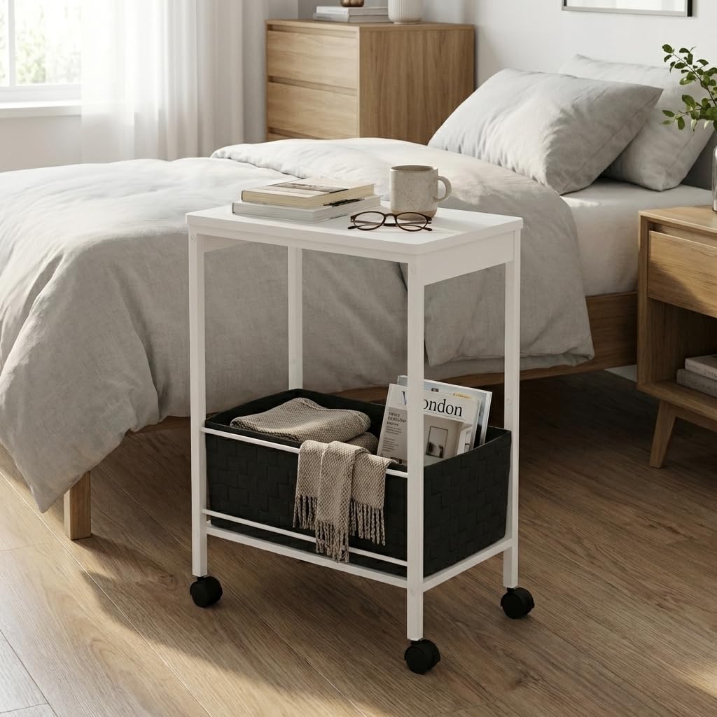 BAKLAM White Rolling Side Table with Storage Basket, Narrow End Table on Wheels for Small Spaces, 15.75" D x 9.84" W x 22.05" H Sofa Side Table with Fabric Bin for Living Room and Bedroom