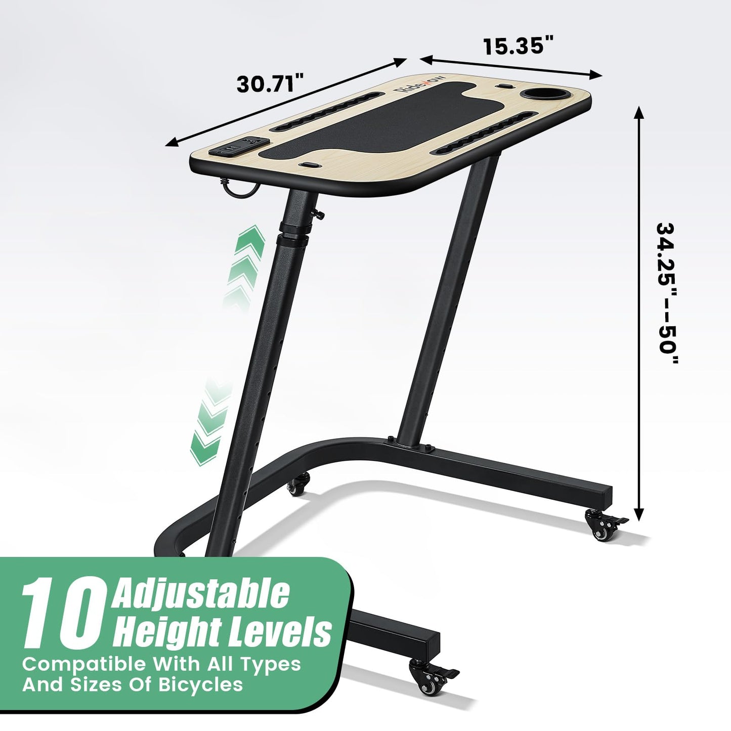RideNow Roller Trainer Table, Adjustable Bike and Treadmill Table with Lockable Wheels, Non-Slip Work Surface with Power Outlets, Tablet or Phone Slot, Drink Holder