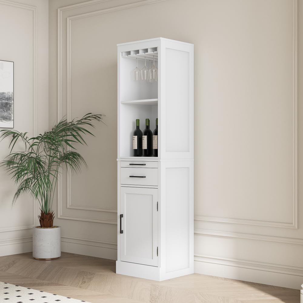 Brown Walnut Color Modular Wine bar Cabinet with Storage Shelves with Hutch for Dining Room (White + MDF)