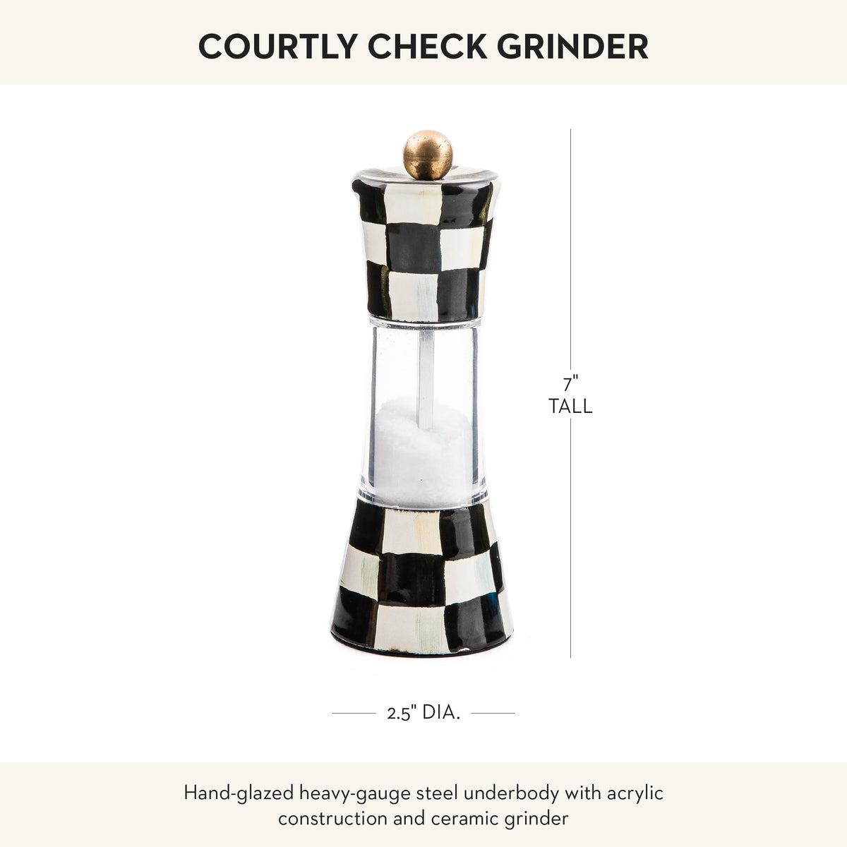 MACKENZIE-CHILDS Enamel Grinder, Refillable Manual Salt Grinder and Pepper Grinder, Black-and-White Courtly Check