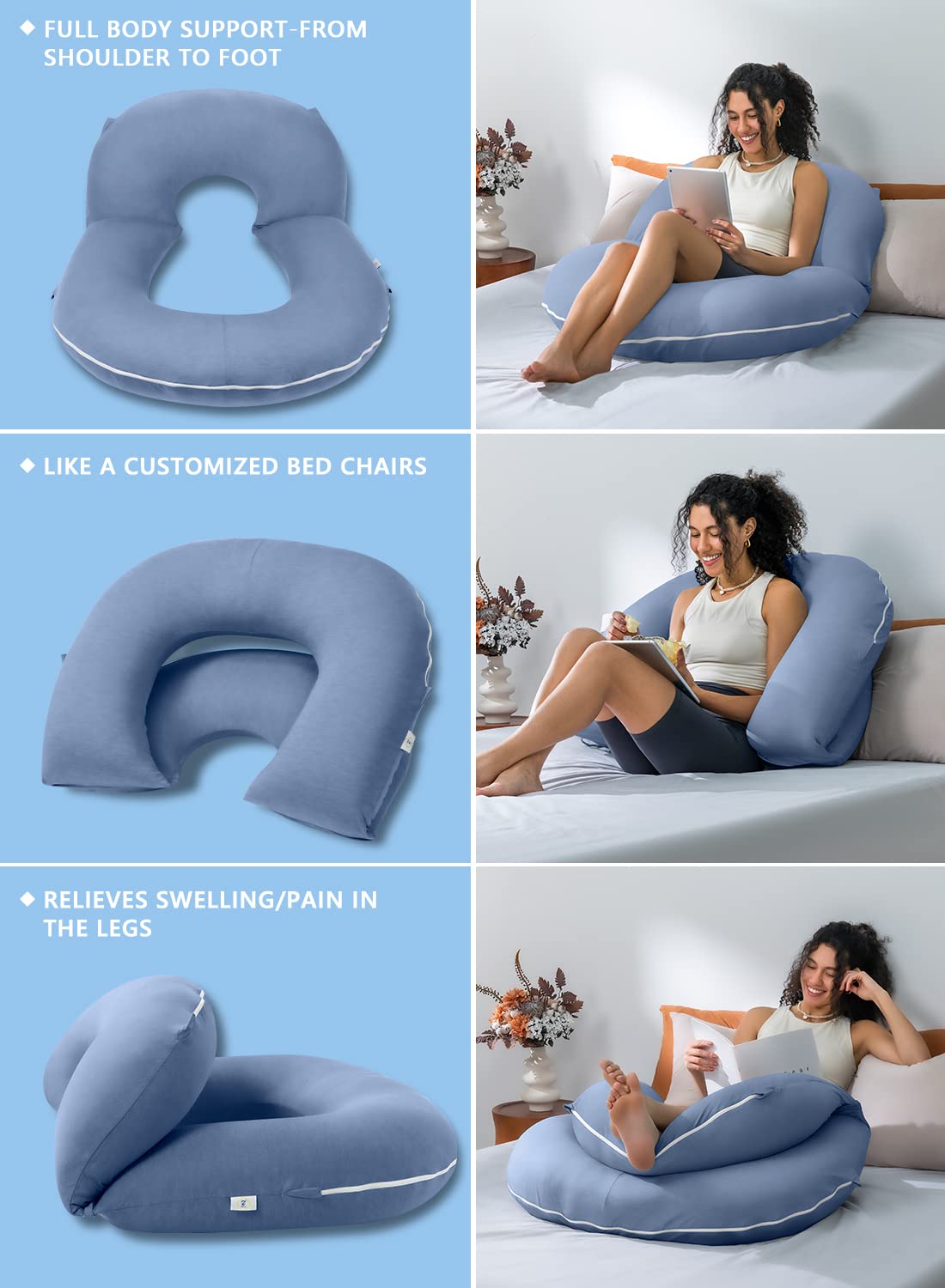 INSEN Reading Pillow, Back Pillow for Sitting in Bed for Reading, Nurse & Relax, Reading Pillow for Adults, Moms & Kids, Sit Up Pillow for Bed, Hazy Blue