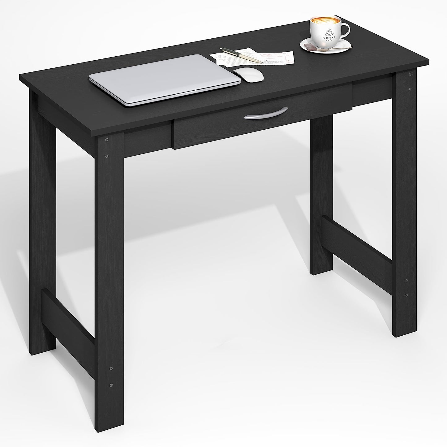 Furinno Jaya Desk, 39.2" Wide Computer Desk with H-Legs, Office Desk with Drawer, Writing Desk, with Drawer, for Home Office, Study Room, Dorm, Darkwood