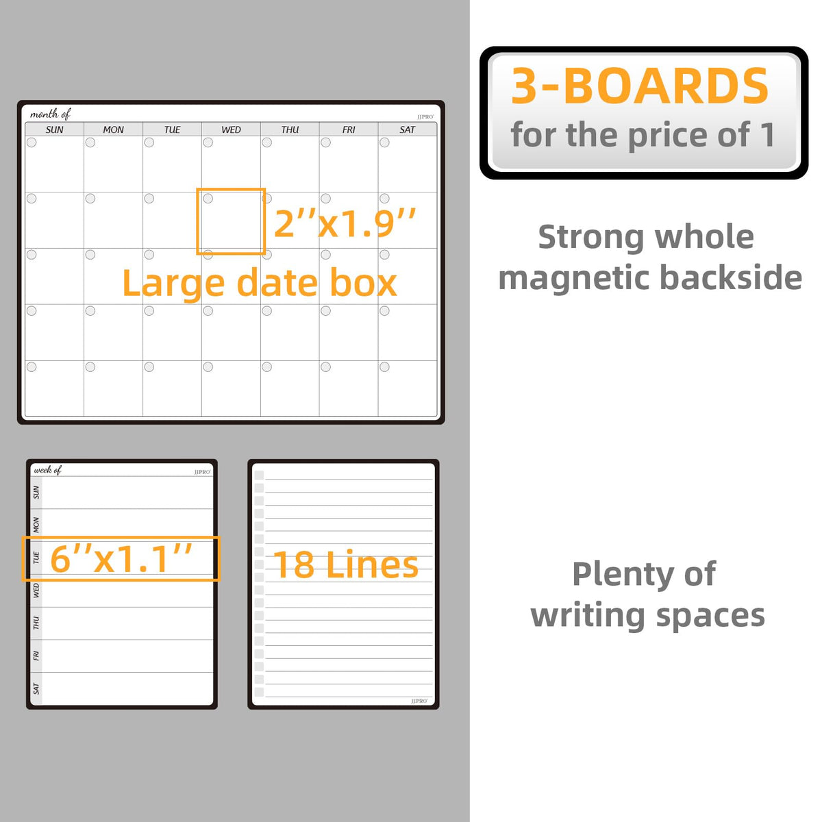 JJPRO Magnetic Monthly Calendar Whiteboard Set for Fridge-Monthly Planning Board and Two Bonus Dry Erase Grocery Board&Weekly Menu Board-Meal Planner Whiteboard/to-Do List-6 Markers