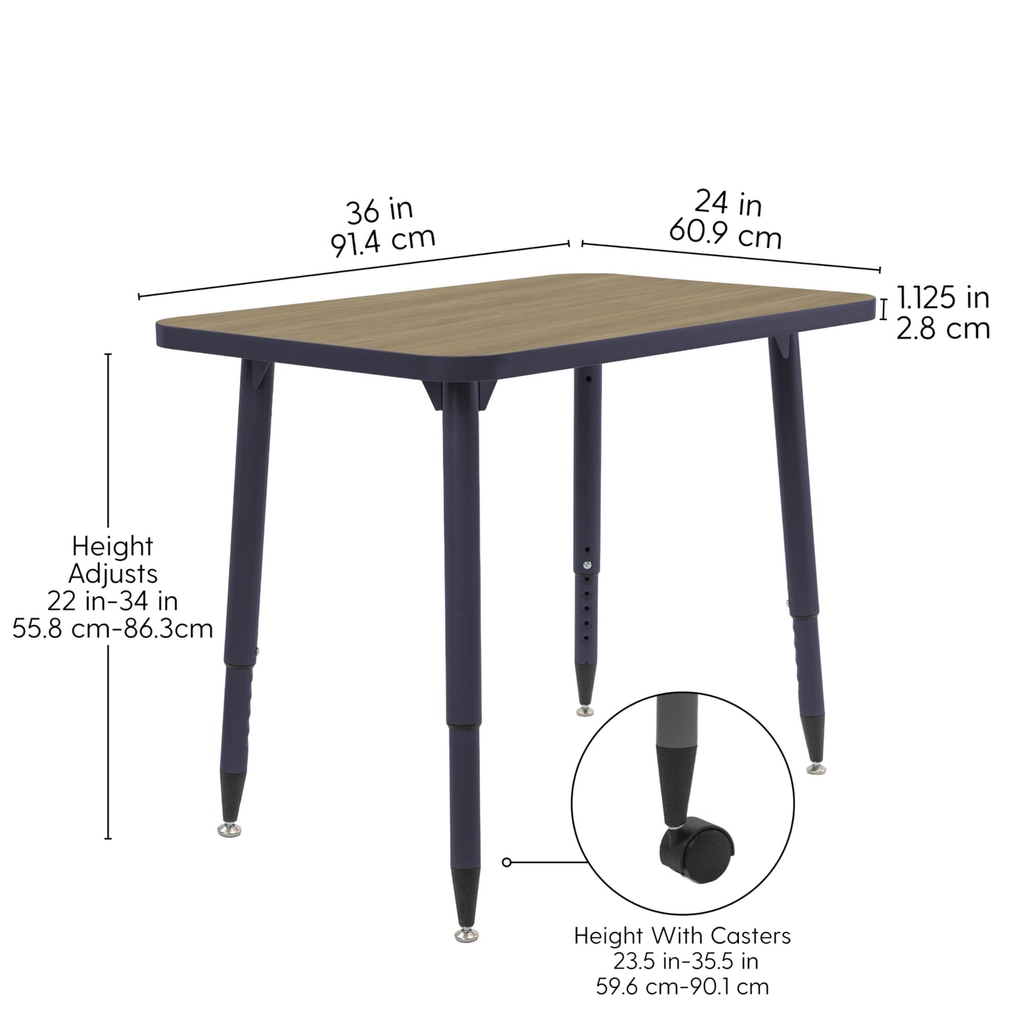 Adapte Commercial Classroom Activity Table - 24" x 36" Rectangle, ADA Compliant Tapered Legs with Glides & Casters, Adjustable Height 22-34" Wheelchair Accessible, School & Office Furniture