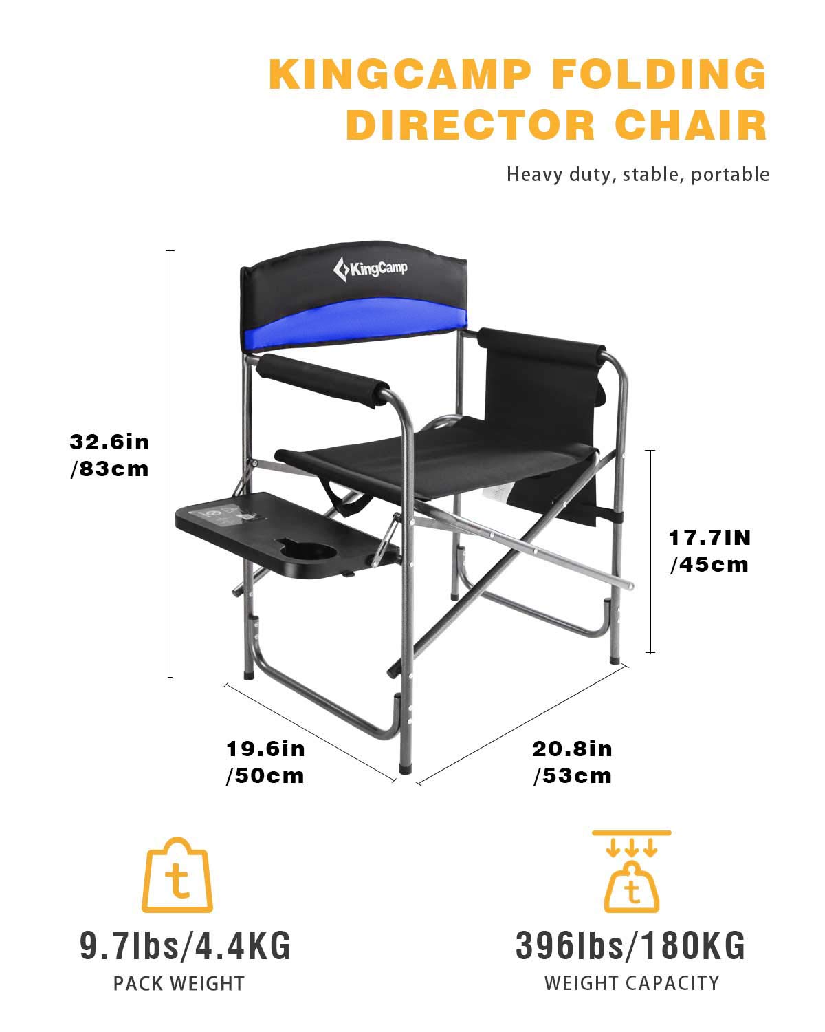 KingCamp Portable Camping Chair, Folding Directors Chair Compact Outdoor Chair with Side Table Cup Holder for Beach Trip Tailgating Lawn Sports Backpacking Fishing Picnic, Blue