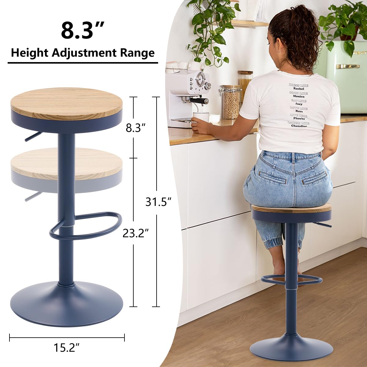 Kidol & Shellder Bar Stools Set of 2 Round Adjustable Swivel Barstools Modern Backless Bar Chairs Wooden Seat Counter Height Stools Armless for Kitchen Island, Cafe, Dining Room Blue