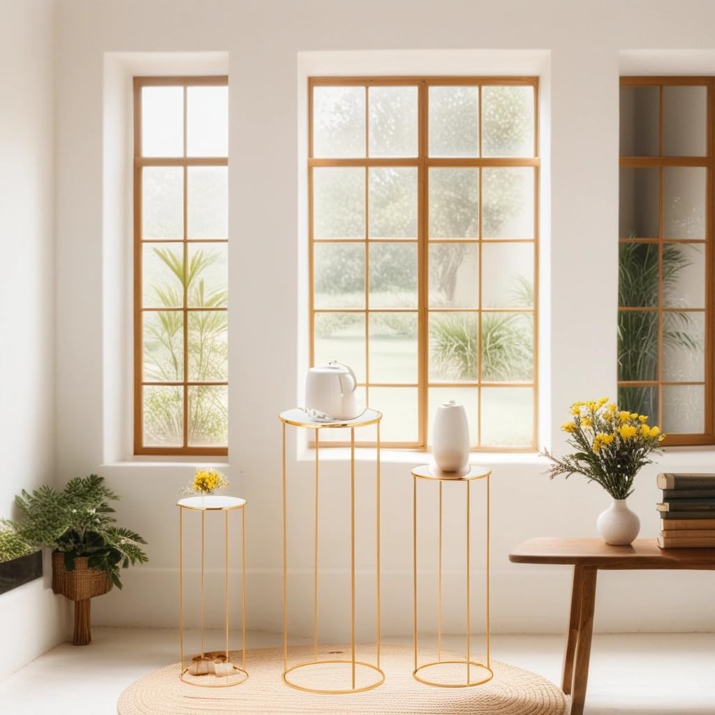 Kapaga 3pcs Gold Metal Plant Stand, Cylinder Pedestal Stands for Party, Metal Plant Columns Pedestal Stands for Display, Round Cylinder Columns tables for Weddings Cake Stand Floor Plant Tables