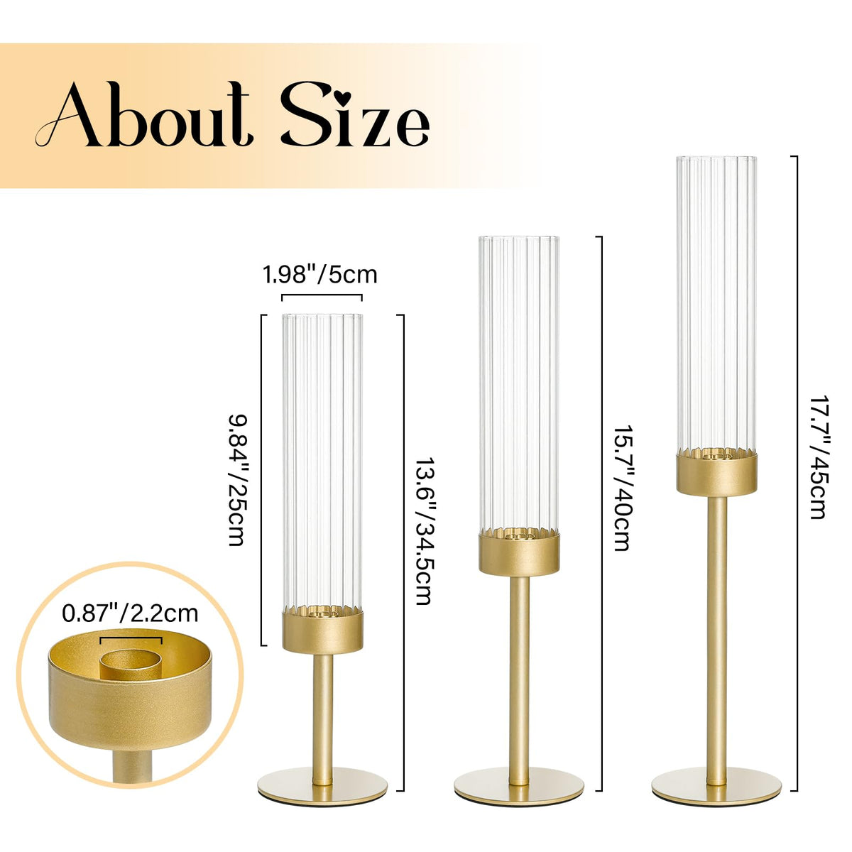 Turvono Gold Hurricane Candle Holders Set of 6, Brass Metal Candlestick Holders for Taper Candles, Modern Table Centerpiece Decor for Wedding, Party & Holiday Decorations