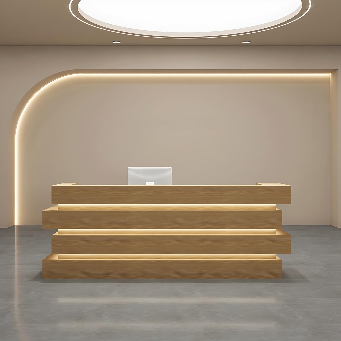 Modern Office Reception Desk with Hidden Mood Lighting, No Assembly Required, Customizable Logo, Spacious Storage, Solid Wood Construction, Retail Counter for Office & Boutique.
