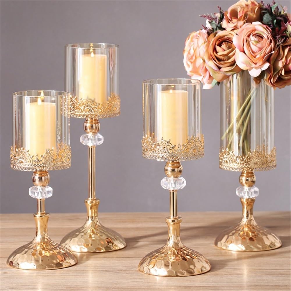 YUHUAWF Candle Holderss Golden Metal Glass Candlestick Home Dining Table Decoration Ornament Candle Holder Decorative Candlestick(Large)
