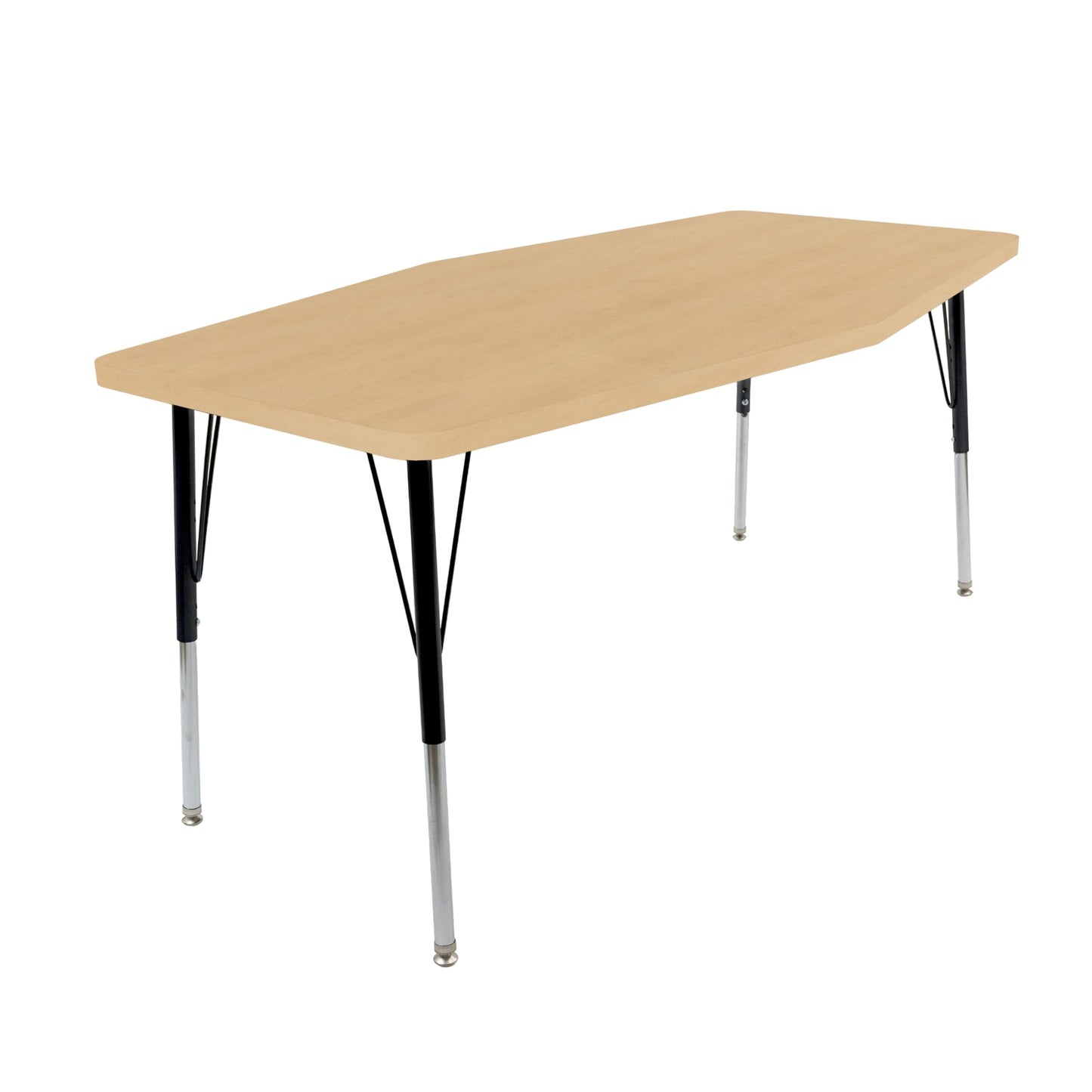 Factory Direct Partners FDP 34" x 60" Long Hexagon Thermofused Classroom Activity Table with Standard Swivel Glide, Adjustable Height 19"-30" - Maple Grain/Black - 15592-284