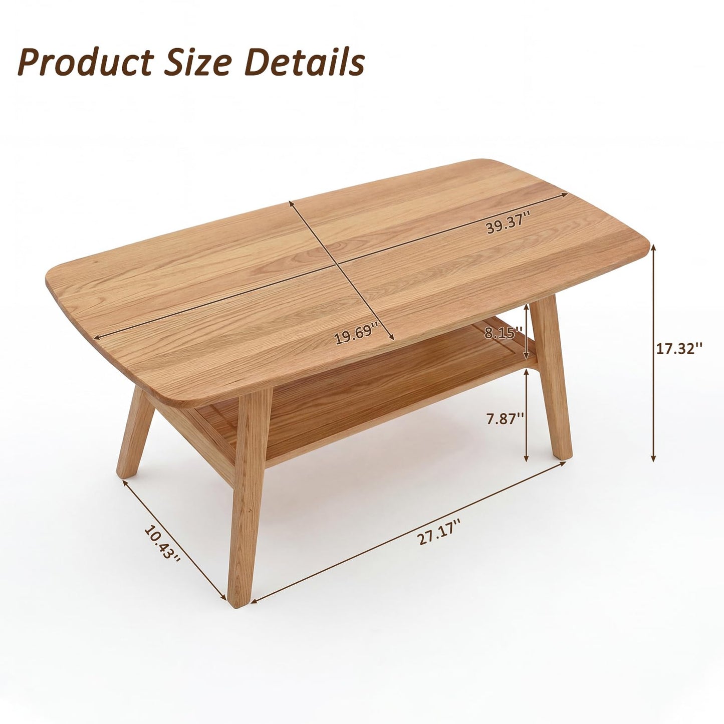 KEIKI 100% Solid Oak Wood Coffee Table, Mid Century Modern Coffee Table with Storage Shelf, 2-Tier, Smooth Corners, for Living Room, Office, Apartment, Wood