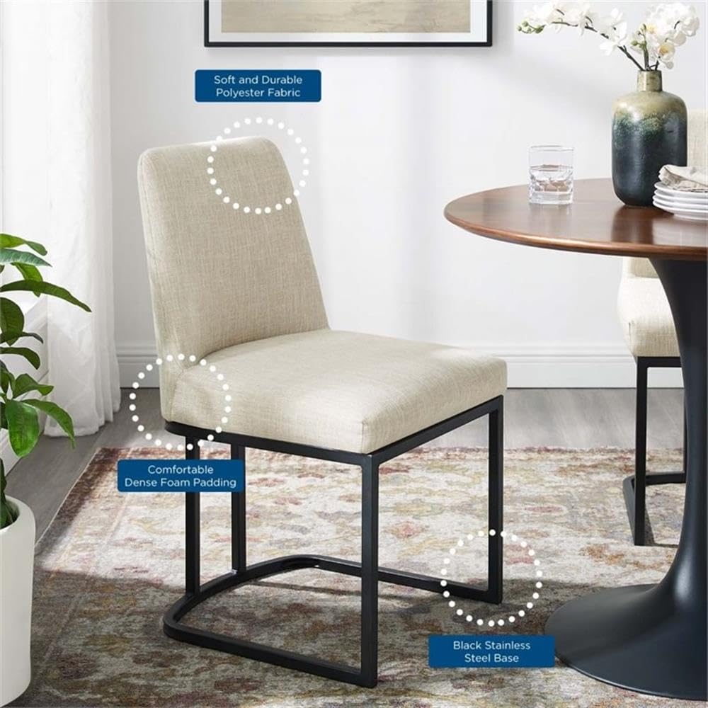 Modway Amplify Sled Base Upholstered Fabric Dining Side Chair, Black Beige 22 x 19 x 32