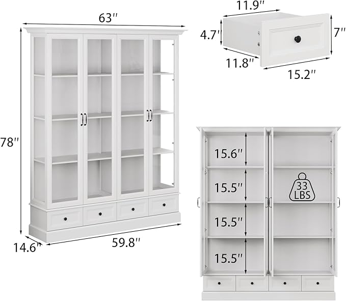 78" Large Storage Cabinet with Glass Doors, China Hutch, Farmhouse Kitchen