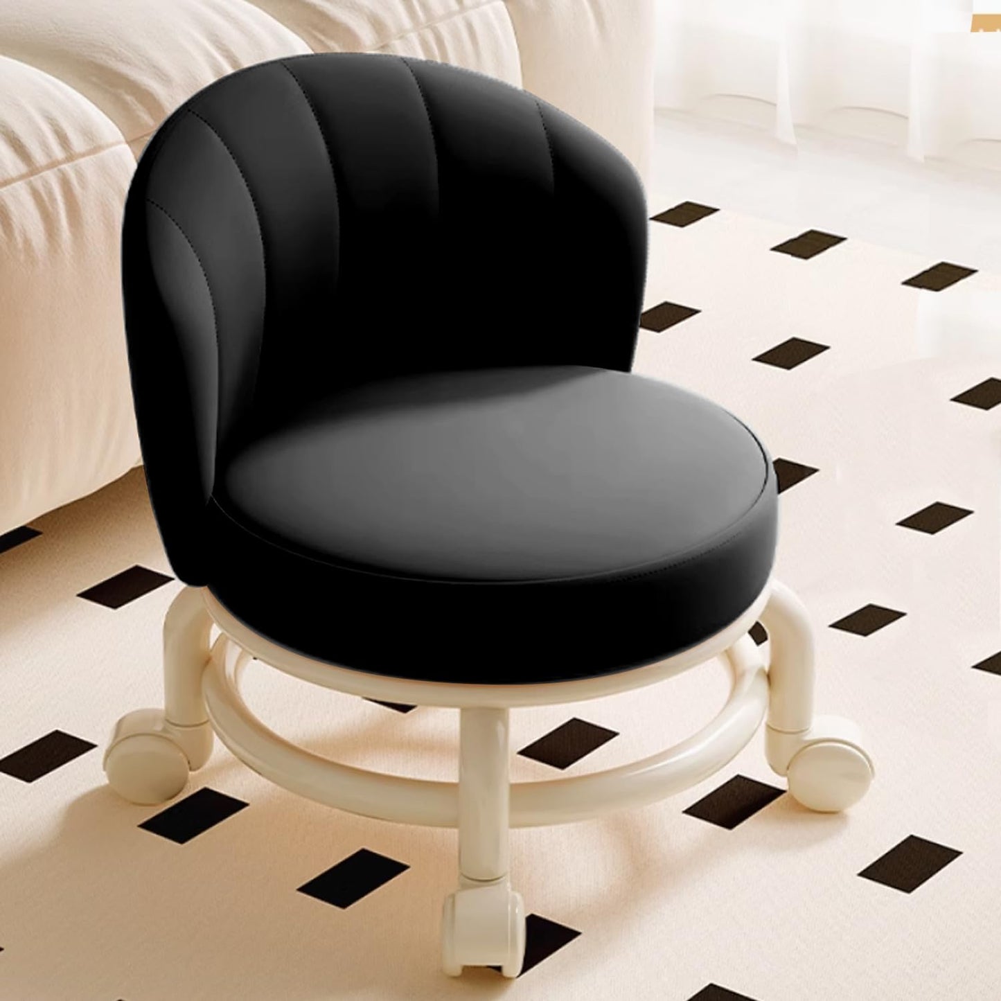 Sejone Low Rolling Stool with Backrest,Rolling Pedicure Seat,Low Stool with Wheels for Home, Office, Garage, Shop, Library (Black)