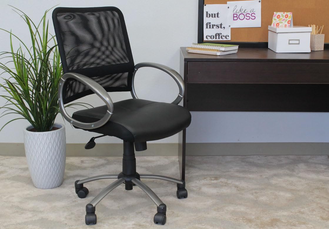 Boss Office Products Mesh Back Task Chair with Pewter Finish in Black, mid-Back (B6406)