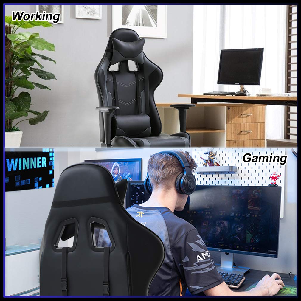 BestOffice | Ergonomic Gaming Chair | Grey | Reclining Computer Chair with Lumbar Support, Headrest Pillow, Adjustable Footrests | 360 Swivel with Heavy Duty Wheels | for Home & Office