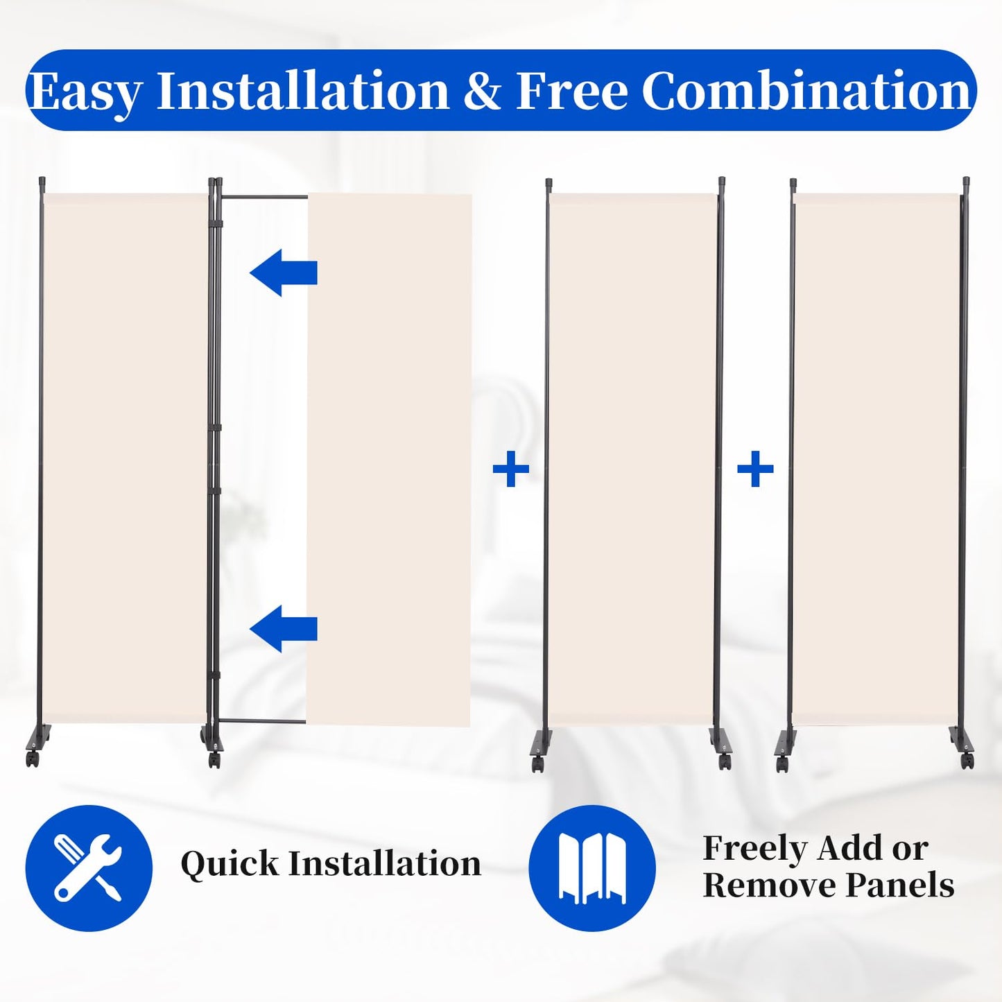 Room Divider 6FT Room Partition with Lockable Wheels, (Thicked Metal Base) Room Dividers, Freestanding Indoor Folding Privacy Screens, Portable Fabric Wall Divider for (Beige, 88"- 4 Panel)