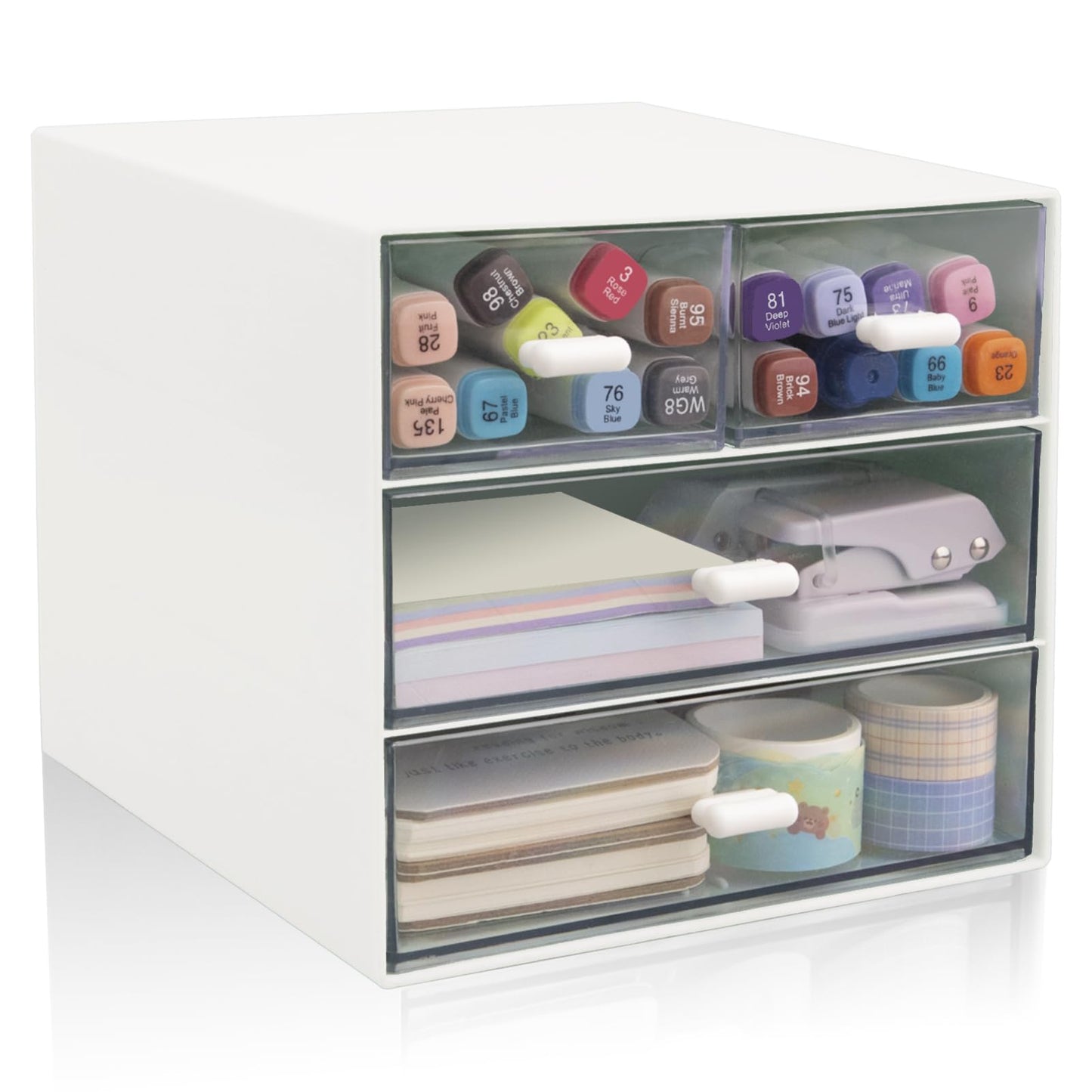 Zyners Desk Organizer with Drawer, Office Organizer with 4 Drawers, Desk Storage Box for, Desktop, Dressing table, Office, School, Home, Plastic Box and 4 Acrylic Drawers(White)