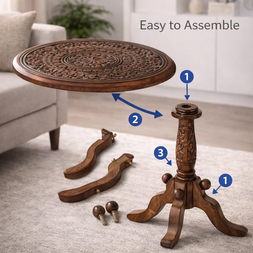 The Wooden Town Handcrafted Carved Round Side Table – 18x21 Inch Coffee Table for Living Room | Solid Wood Accent End Table with Pedestal Base | Altar Table for Home Décor