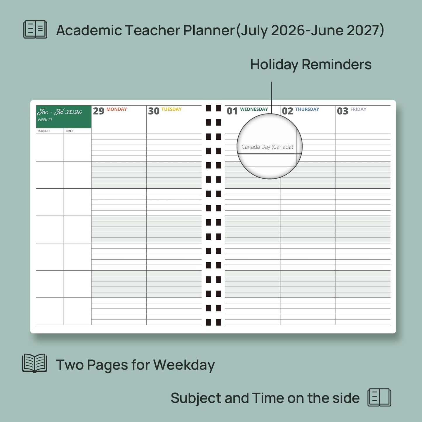 POPRUN Teacher Lesson Planner 2026-2027, (Letter Size - 8.5'' x 11'') Academic Planner July 2026 - June 2027 with Gradebook & Color Monthly Tabs, Thick Paper, 2-Sided Pocket, Leather Cover, Dutch Blue
