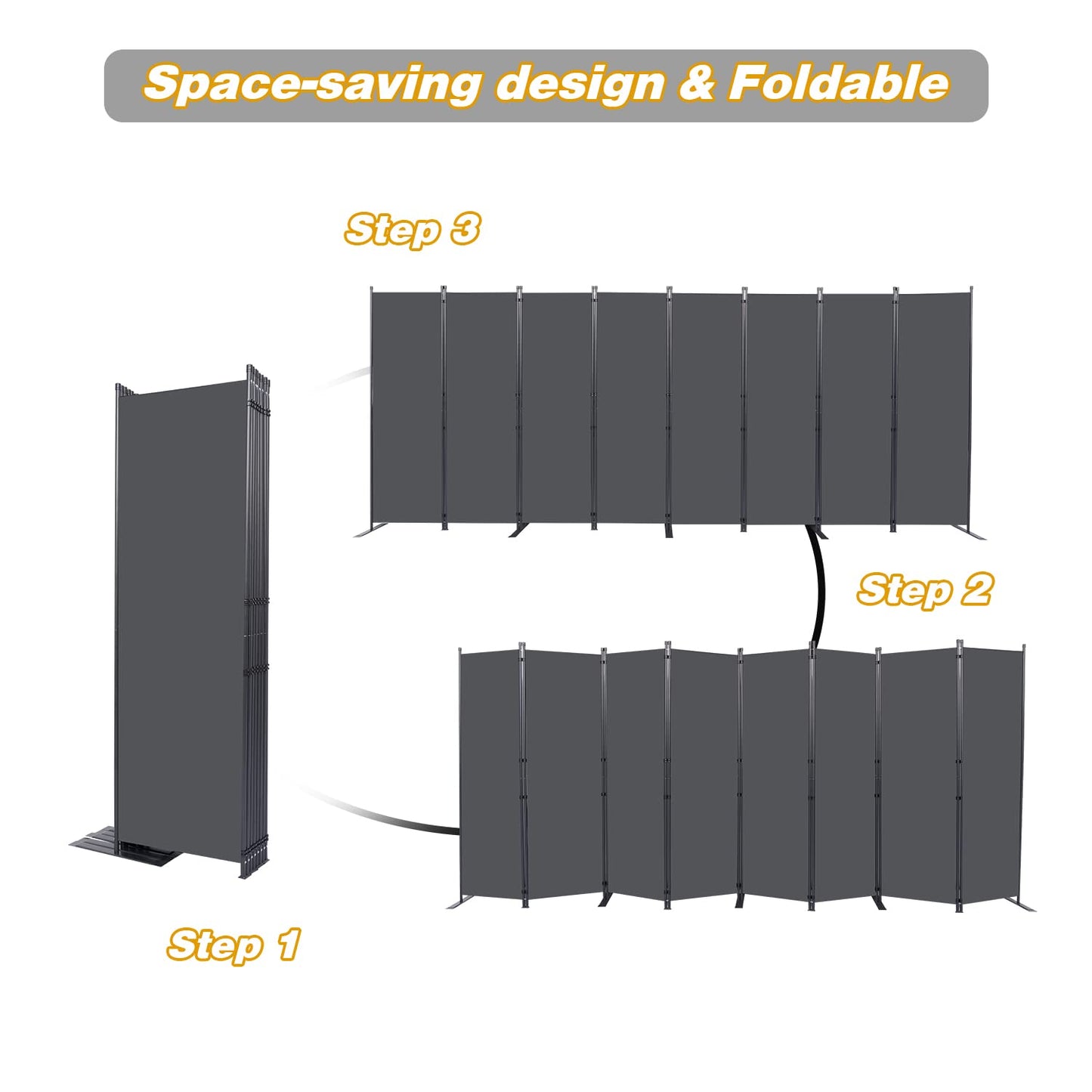 CHOSENM Room Divider, 8 Panel Folding Privacy Screens with Wider Support Feet, 6 Ft Portable Room Partition for Room Separator, 176" W X 71" H, Grey