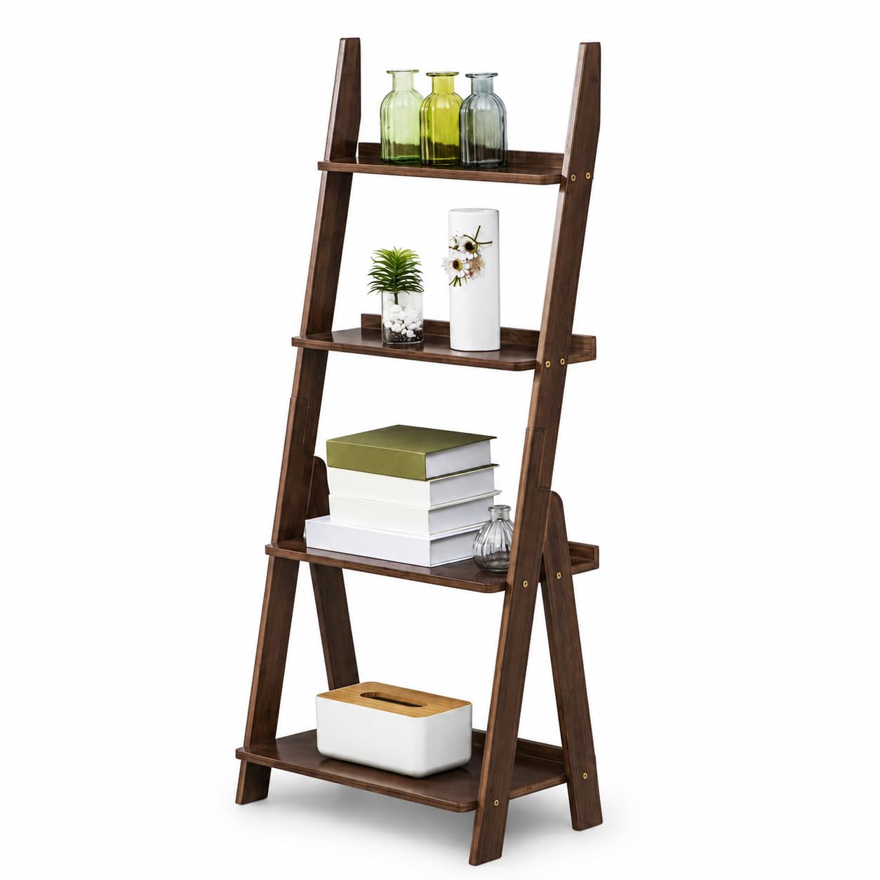 Maydear Bamboo Ladder Shelf Bookcase, 4-Tier Leaning Bookshelf Free Standing Organizer Storage Shelves for Living Room, Bedroom, Kitchen, Home Office, Balcony (Dark Walnut)