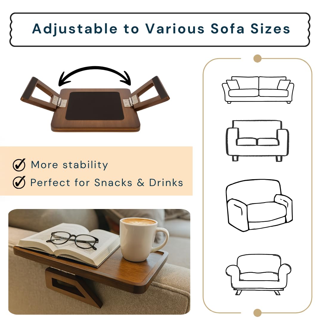 KANDOHAUS Sofa Table Tray - Bamboo Couch Armrest Table Universal Fit - Sofa Table With Non-Slip Pads to Keep Things in Place -13 x 9.5 Inch – Armrest tray table for couch – (Brown)