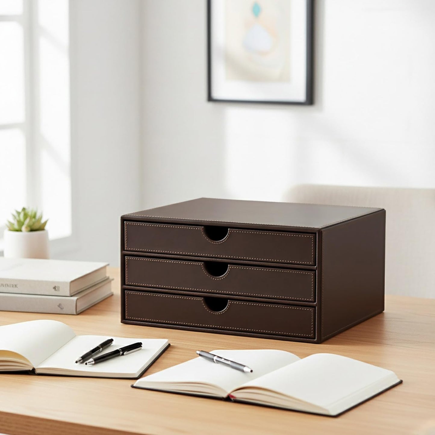 UnionBasic Leather Desktop Drawer Organizer, File Cabinet Magazine Document Holder, Office Supplies Desk Storage Organizer Box, 3 Drawer, Coffee