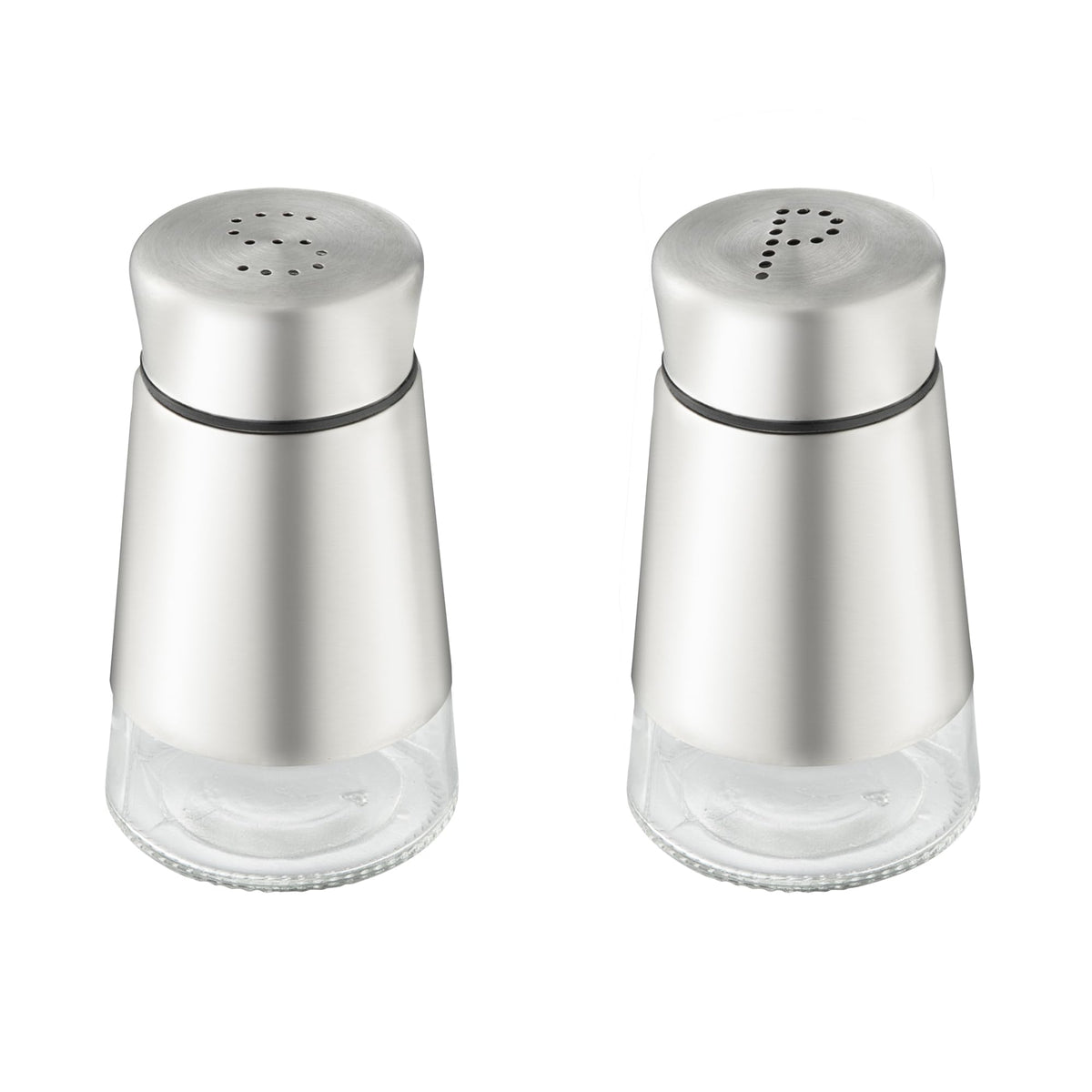 Restaurantware-Met Lux 2 Ounce Salt And Pepper Dispensers, 1 Refillable Salt And Pepper Shaker Set - "S" And "P" Pour Holes, Clear Glass Bottom, Stainless Steel Spice Dispensers, With Screwable Lid