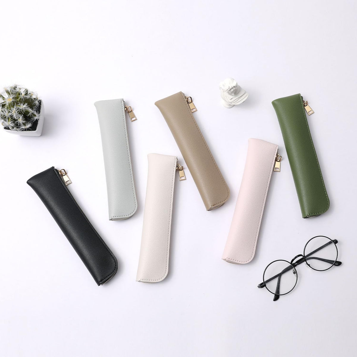 YONBEN Faux Leather Pencil Case Small Pencil Pouch Slim Pen Case Holder Zipper Bag for School Office(Pink,Faux Leather)