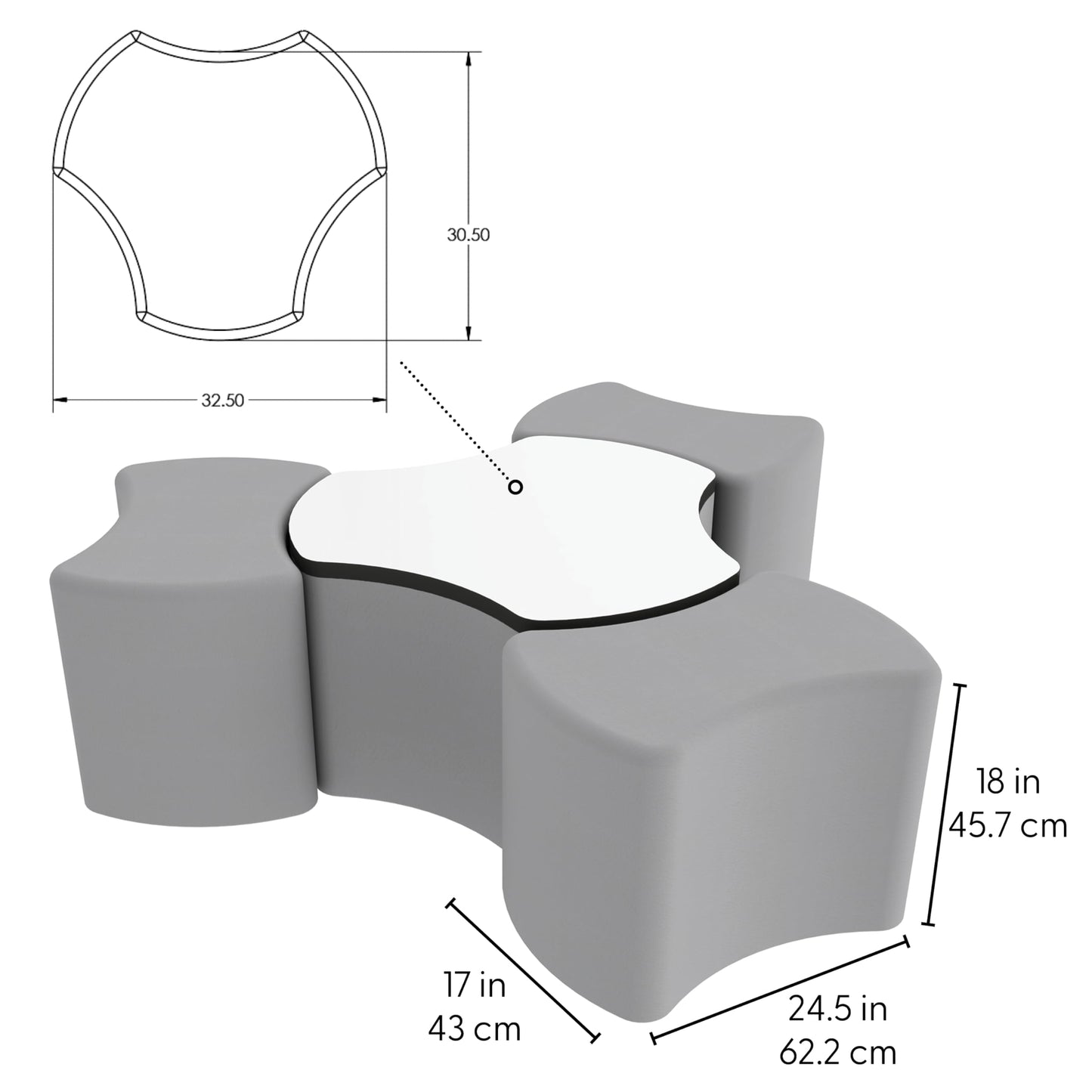 FDP Pro Series Ottoman and Dry-Erase Table Top Set, 18" Height Collaborative Commercial Furniture for Hotel Lobby, Office, School, Restaurant, Library, Waiting Room (4-Piece) - Sky Blue/White/Black