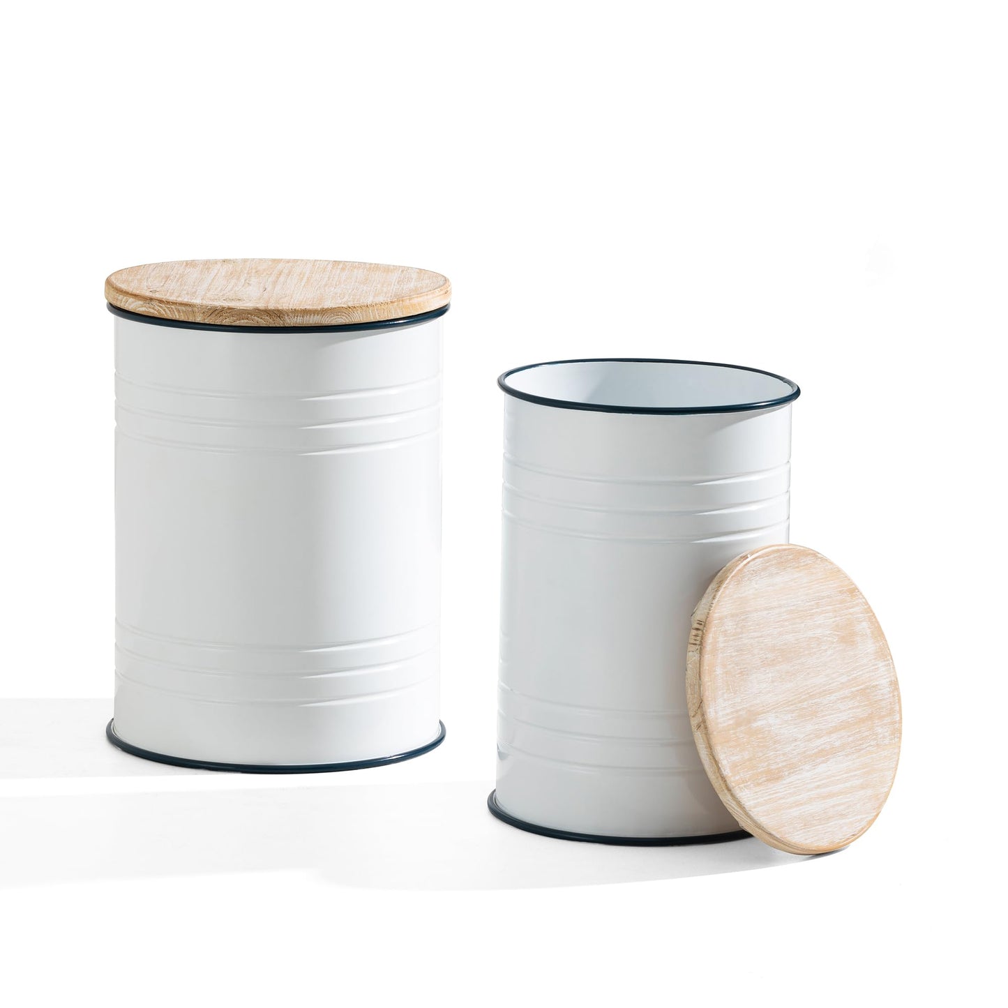 Glitzhome Rustic Storage Ottoman Seat Stool, Farmhouse End Table, Galvanized Dark Blue Rim Imitation Enamel Accent Side Table Toy Box Bin with Round Wood Lid for Living Room, Set of 2, White