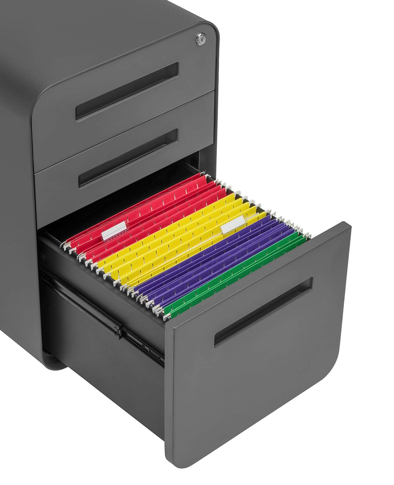 Laura Davidson Furniture Stockpile 3 Drawer File Cabinet with Lock - Under Office Desk Metal Filing Cabinet, Legal/Letter File Folders, Wheels and Stationary Feet, Pre-Assembled, Dark Grey