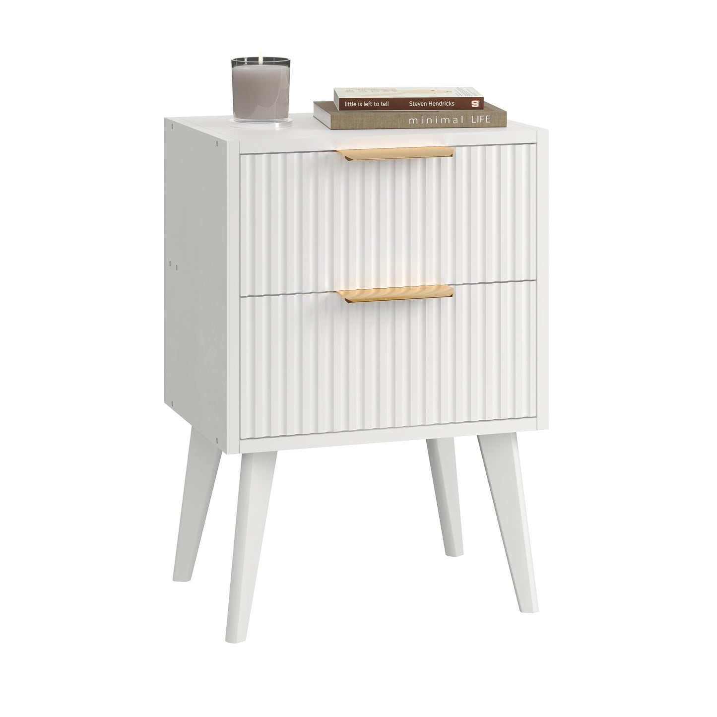 YAUKOMEL Fluted Nightstand with 2 Drawers,Modern Bedside Table with Metal Handles,Side Table with Solid Wood Legs,End Table for Living Room,Bedroom,Small Spcae 11.8" D x 15.7" W x 22.8" H White CTG55W