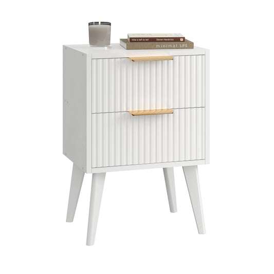 YAUKOMEL Fluted Nightstand with 2 Drawers,Modern Bedside Table with Metal Handles,Side Table with Solid Wood Legs,End Table for Living Room,Bedroom,Small Spcae 11.8" D x 15.7" W x 22.8" H White CTG55W