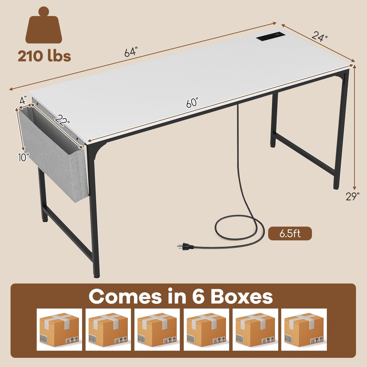 Tangkula 60" Conference Desk Set of 6, Modern Boardroom Desk with Storage Bag, Headphone Hook, Sturdy Metal Frame, Rectangular Seminar Table with Charging Station