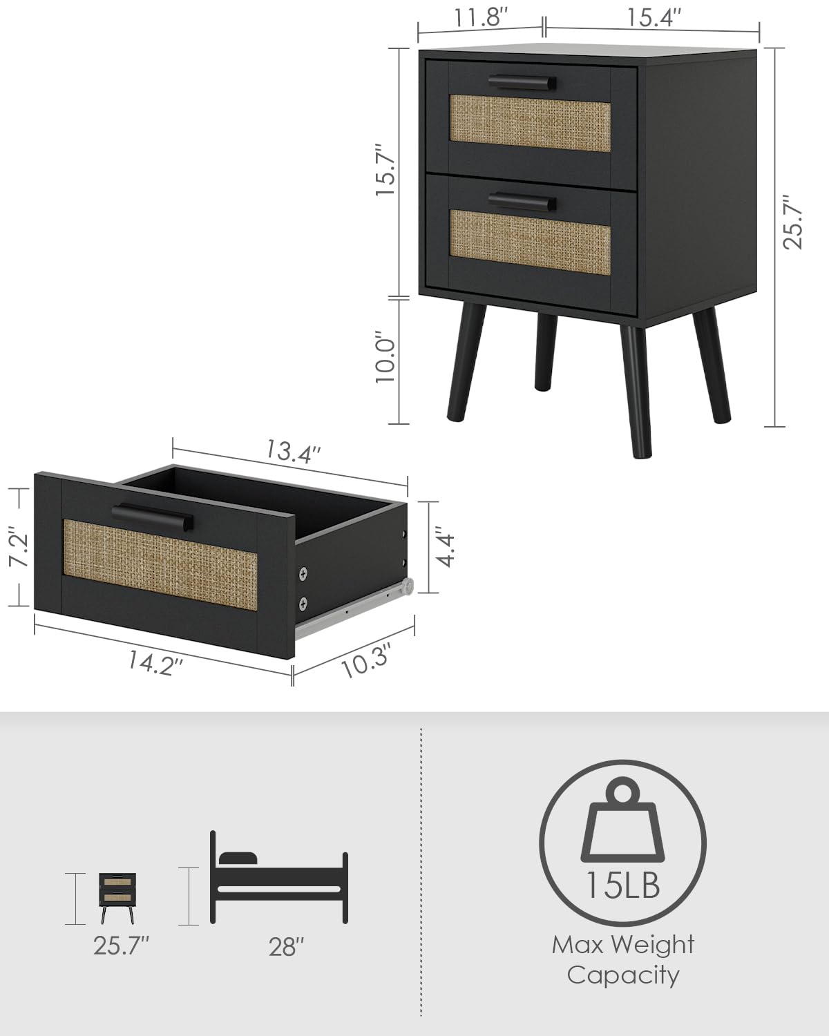 Masupu Rattan Night Stand, Modern nightstand Boho Bedside Table with 2 Drawer,Small End Side Table for Bedroom,Living Room,Office,Black