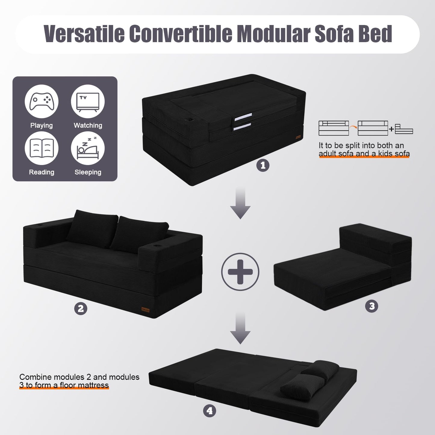 MeMoreCool Black Futon Couch Convertible Sofa Bed Queen, Folding Floor Couch Bed with Pillow, Corduroy Foldable Sofa Sleeper, Fold Out Boneless Loveseat Lounge for Living Room Small Spaces