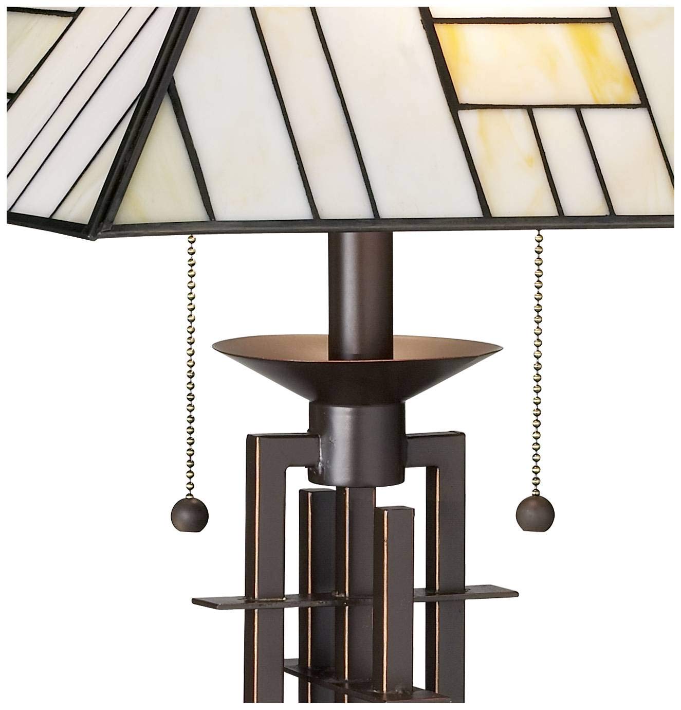 Franklin Iron Works Mission Tiffany Style Table Lamp Art Deco 26.25" High Wrought Iron Dark Bronze Brown Gold White Stained Glass Shade for Living Room Bedroom House Bedside Nightstand Home Office