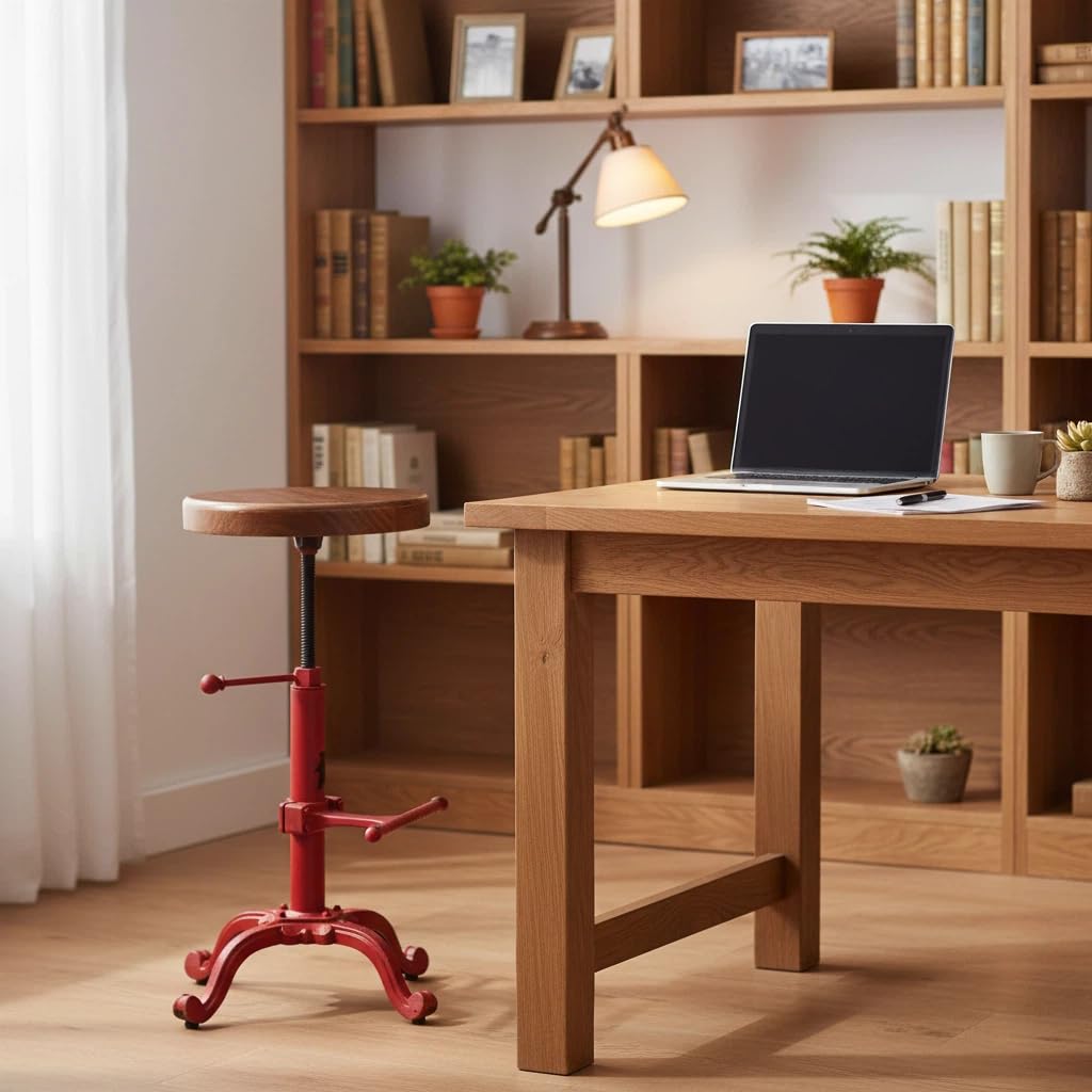 Topower Industrial Retro Vintage Farm Wooden Tractor Stool Kitchen Swivel Height Adjustable Bar Stool (Antique Red)