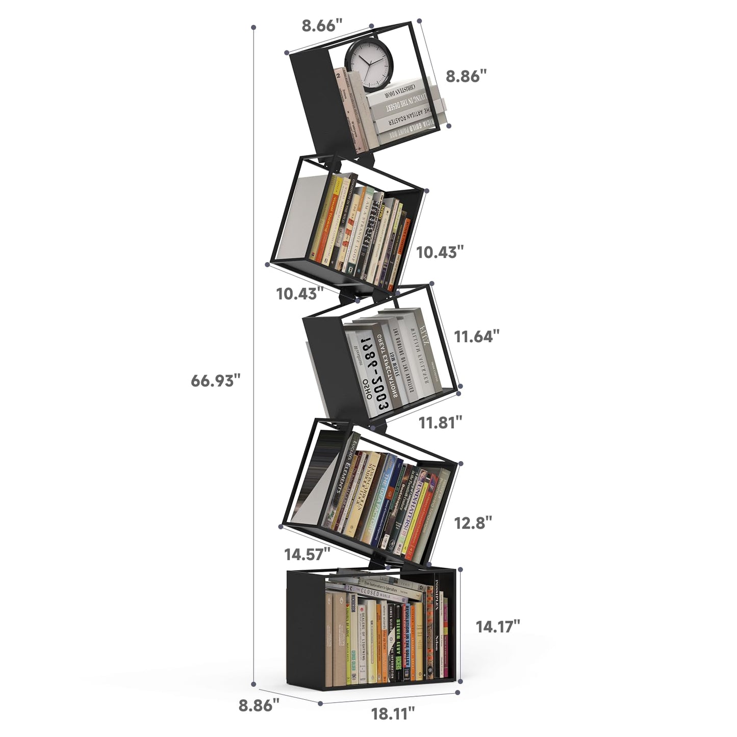 Kunicely 5-Tier Metal Geometric Bookshelf – Modern Narrow Floor Bookcase, Space-Saving Organizer for Living Room, Bedroom, Office, Corner – Black