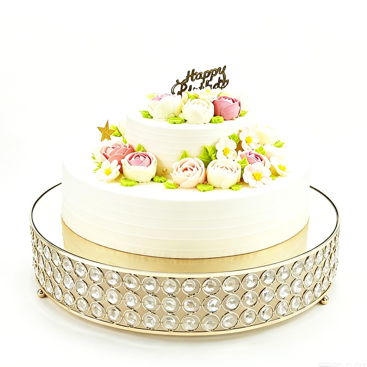 FEICTPOX Metal Cake Stand with Mirror Top Plate Beaded Crystal Display Cake Pedestal,Baking Party Supplies Centerpiece,Gold 16 Inch