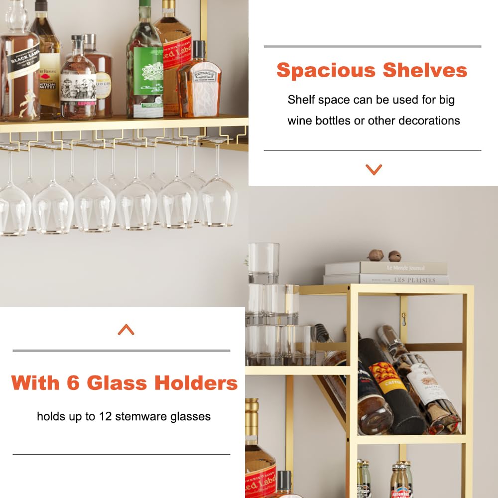 KaKaBB Metal Floating Bar Liquor Shelves 2 Tier, Wall Mounted Wine Rack with Glass Holder Storage, Wall Bar Shelf Wine Display Storage Holder for Kitchen Dining Room(Gold)