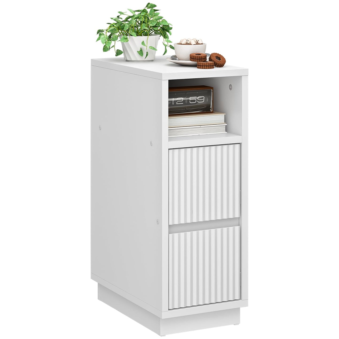 CHOEZON 8.7" Narrow Fluted Nightstand, Small Bedside Table with Drawers, Skinny Side Table, Modern Nightstand with 1 Semi-Open Shelf, Floating End Table, for Living Room, Bedroom, White MBZ12WB